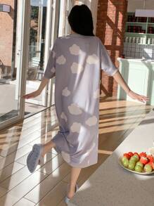 DAZY Cartoon Cloud Print Round Neck Sleep Dress Pajama - Blue - View 2