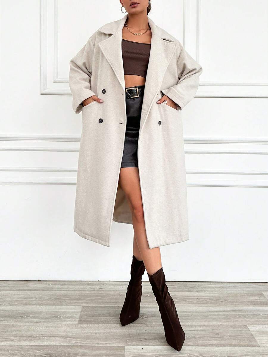 EURMUSE Women'S Double Breasted Drop Shoulder Fall/Winter Woolen Coat - White - View 1