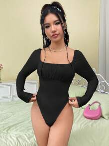SHEIN EZwear Women's Long Sleeve Square Neck Bodysuit - Black - View 4