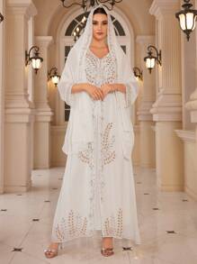 Women's Long Sleeve Elegant Sparkly Dress With Matching Headscarf Modest Kaftan Arabian Dress - White - View 5