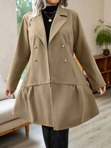 SHEIN LUNE Plus Size Overcoat With Turn-Down Collar And Waist Belt - Khaki - View 6
