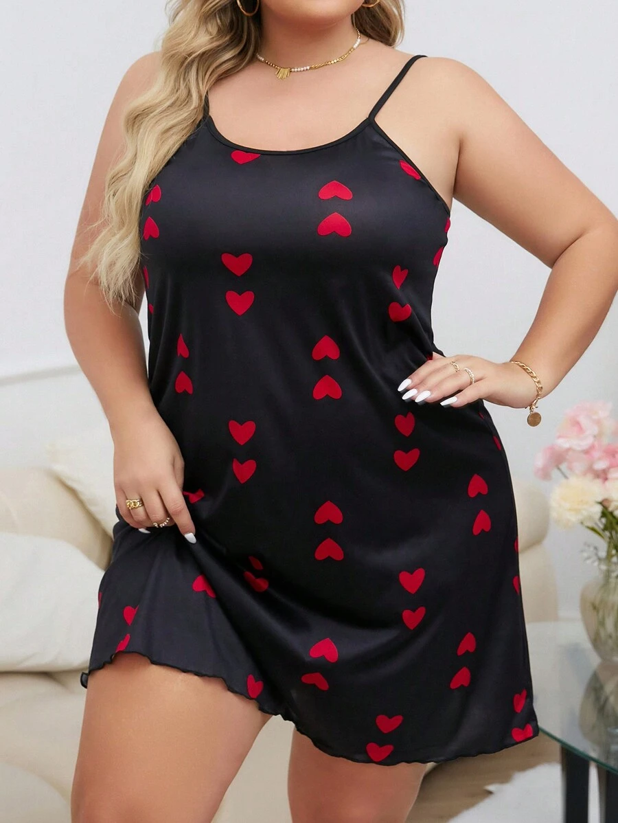 Plus Size Women's Heart Printed Spaghetti Strap Pajama Night Dress - Black - View 1