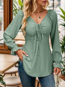 SHEIN LUNE 女士提帶前襟荷葉邊長袖t恤 - 綠色 - 查看 1