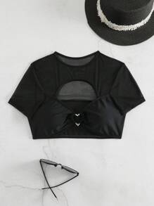 EgrlEra 游泳服比基尼頂部,鑲有鑽石心形和圓形裝飾,並採用中空網狀設計 - 黑色 - 查看 3