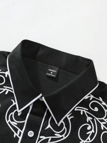 Manfinity Nomadique 男士趣味印花长袖翻领衬衫，适合舞会、父子装、爸爸装、男士牛仔衬衫、黑色牛仔衬衫、男士西部衬衫、刺绣西部衬衫，秋季、假日穿着 - 黑色 - 查看 4