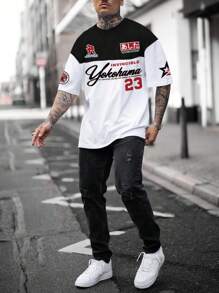 Manfinity LEGND 男士拼色口号图案印花短袖 T 恤，休闲，男友礼物