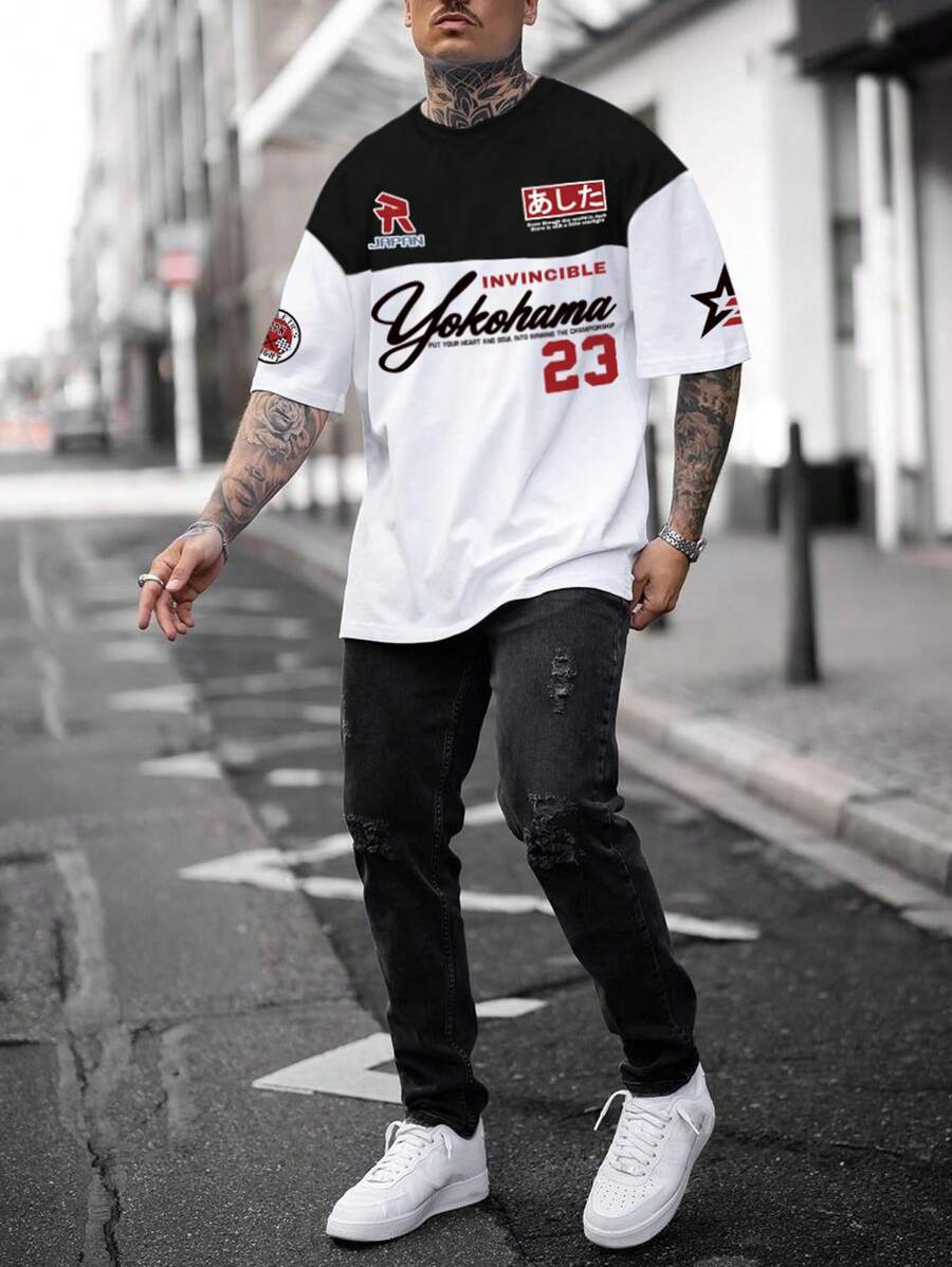 Manfinity LEGND 男士拼色口号图案印花短袖 T 恤，休闲，男友礼物