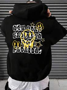 Men'S Cartoon Alphabet Print Hooded Fleece Sweatshirt - Black - View 1