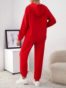 SHEIN 孕婦純色連帽衫和褲子套裝 - 紅色 - 查看 2