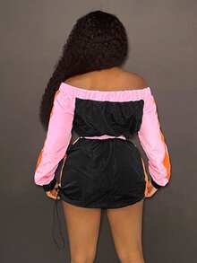 Slaydiva 拼色露肩上衣+抽繩側開衩裙套裝 - 彩色 - 查看 2