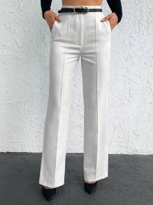 EURMUSE Solid High Waist Split Hem Suit Pants - White - View 3