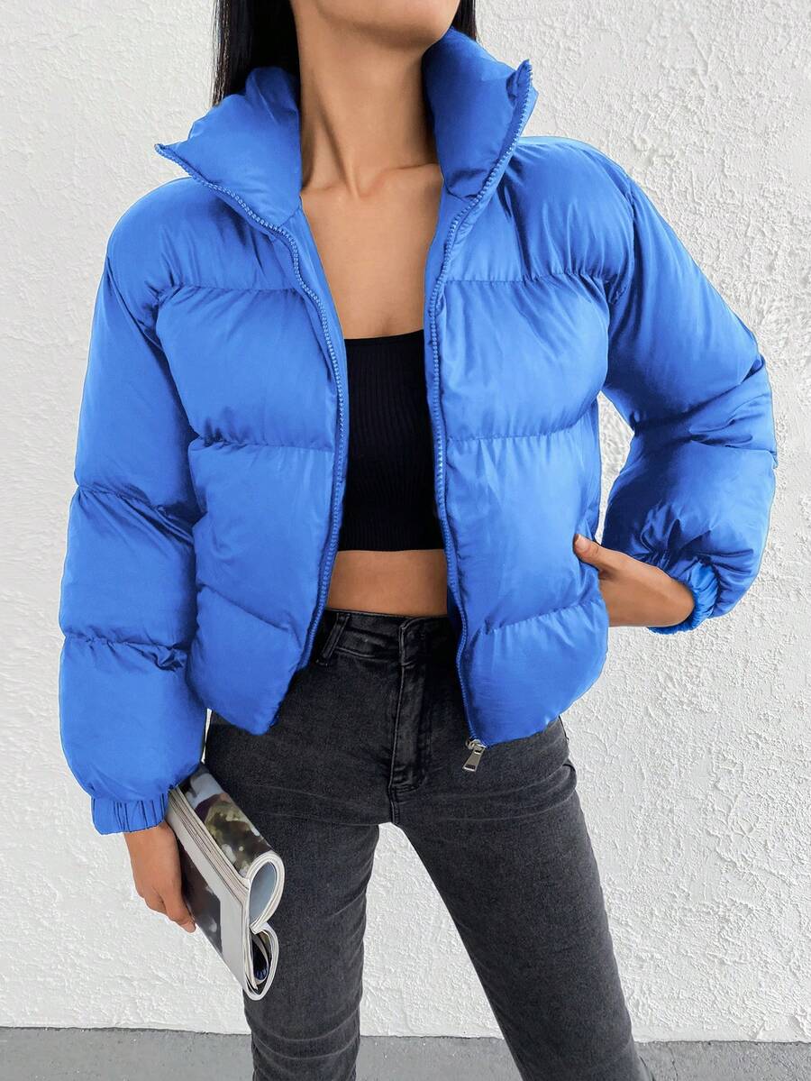 SHEIN Cottnline Zip Up Funnel Neck Puffer Coat - Blue - View 1
