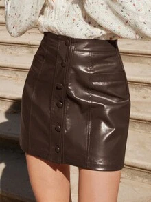 SHEIN Frenchy Women'S PU Leather Single Breasted Skirt - Coffee Brown - View 5