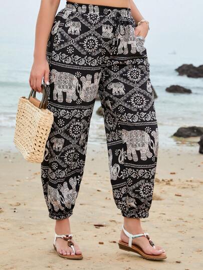 SHEIN VCAY Plus Size Women'S Elephant Printed Jogger Pants