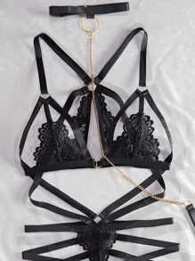 SHEIN Women'S Sexy Lace Hollow Out Lingerie Set - Black - View 3