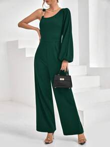 SHEIN Privé Bộ đồ liền thân dài tay xẻ cổ bất đối xứng dành cho nữ - Màu xanh lá cây đậm - Xem 6