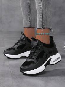 Women Colorblock Lace-Up Front Wedge Sneakers, Sporty Outdoor Wedge Sneakers - Black - View 2