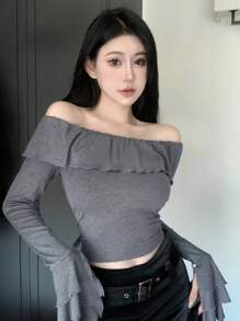 DAZY 女式修身荷叶边下摆 T 恤，秋季服装长袖女式上衣短款女式上衣 - 灰色 - 查看 4