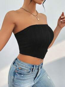 SHEIN PETITE Textured Áo không dây - màu đen - Xem 5