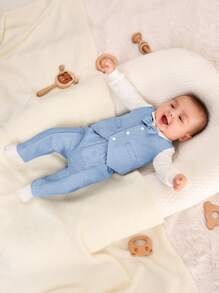 SHEIN 新生兒男寶寶輕盈三件套，包括蝴蝶結連體衣、背心和褲子