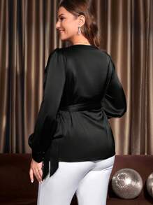 EMERY ROSE 大尺碼女士交叉連身系腰上衣 - 黑色 - 查看 2