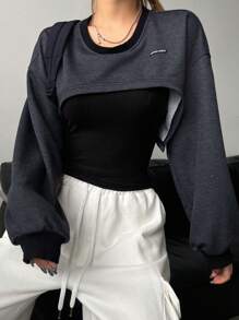 DAZY 超短版寬鬆圓領長袖女式毛邊下擺字母刺繡上衣 - 深灰色 - 查看 1