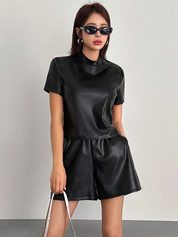 Women'S Stand Collar Short Sleeve Top And Pu Shorts 2-Piece Set,Short Women Sets