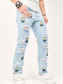 Manfinity Homme Gedruckte Männer Zerrissene Straight Leg Jeans - Blau - Übersicht 4