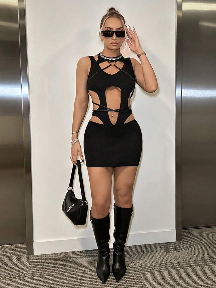 Solid Bodycon Hollow Out Design Dress With O-Ring Crisscross Halter Top