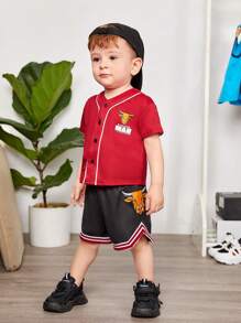 SHEIN Bộ đồ bóng chày hai mảnh họa tiết hoạt hình cổ chữ V nhiều màu cho bé trai và quần short - Đỏ - Xem 8