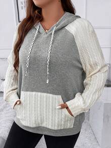 SHEIN LUNE Plus Size Colorblock Hooded Sweatshirt With Drawstring - Light Grey - View 3