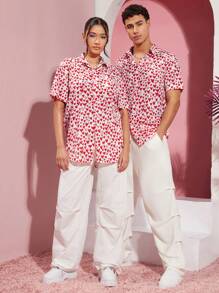 Manfinity Unisex Camisa Casual Tejida Estampada Con Corazones Para Hombre