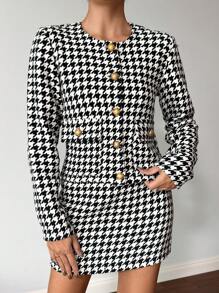 RueChic Damen Hahnentrittmuster Langarm Jacke Und Rock Set - Schwarz und Weiss - Übersicht 5