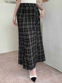 DAZY Chân váy maxi kẻ caro thường ngày dành cho nữ - màu đen - Xem 2