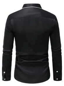 Manfinity Nomadique 男士趣味印花长袖翻领衬衫，适合舞会、父子装、爸爸装、男士牛仔衬衫、黑色牛仔衬衫、男士西部衬衫、刺绣西部衬衫，秋季、假日穿着 - 黑色 - 查看 2