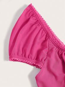 SHEIN MOD Cổ vuông Ren Cắt tỉa Áo thun - Màu Hồng Tươi - Xem 3