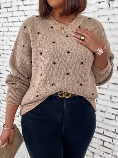 EMERY ROSE Plus Size Women's Polka Dot Pattern Drop Shoulder Sweater, For Winter Knit Pullover Fall Autumn