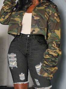 Ripped Raw Hem Denim Shorts Casual Summer - Dark Grey - View 3