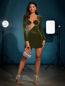 SHEIN BAE Women's Hollow Out Dress With Rhinestone Decoration - Army Green - View 5