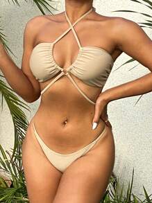 SHEIN Swim Women'S Swimwear With Circular Halter Neck Chain Set Summer - Khaki - View 3