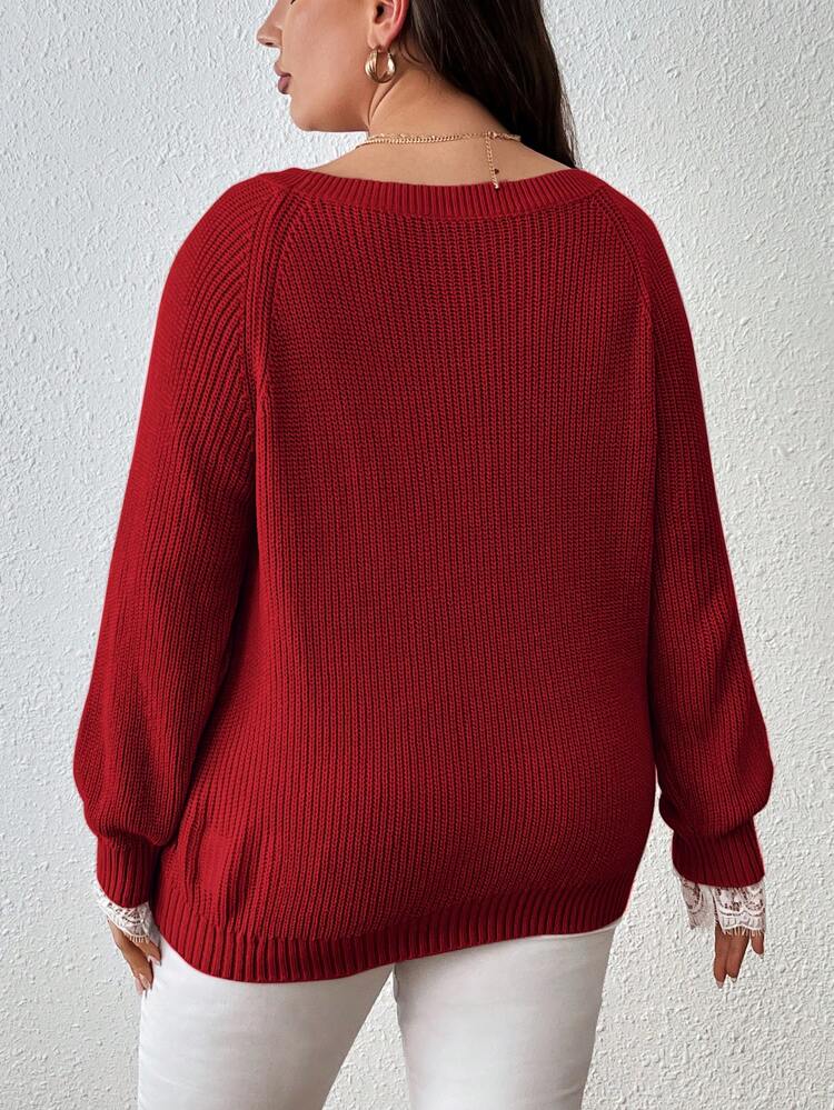 Plus Size Lace Splicing Hollow Out Raglan Sleeve Sweater