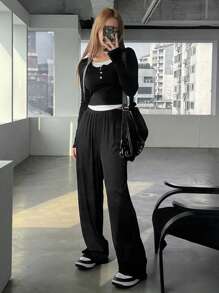 DAZY 2pcs/Set Color Block Tight-Fitting T-Shirt And Loose Long Pants Set - Black and White - View 1