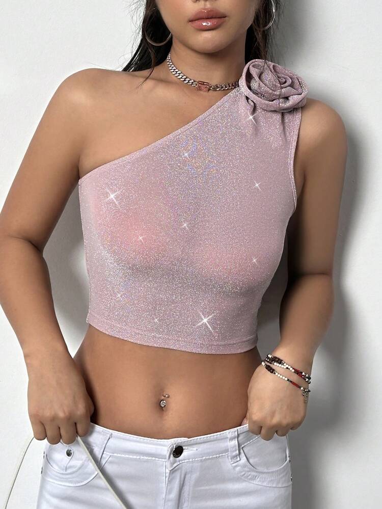 Women'S One Shoulder Top With 3d Flower Decoration