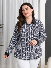 Mulvari Plus Size Women'S Geometric Print Long Sleeve Shirt - Multicolor - View 7
