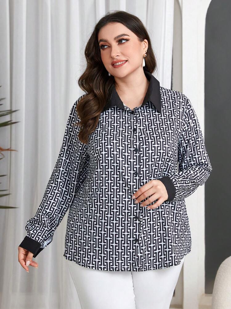 Plus Size Women'S Geometric Print Long Sleeve Shirt