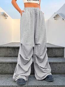 SHEIN EZwear Pantalones Deportivos De Pierna Ancha Plisados Para Mujer - Gris - Ver 3