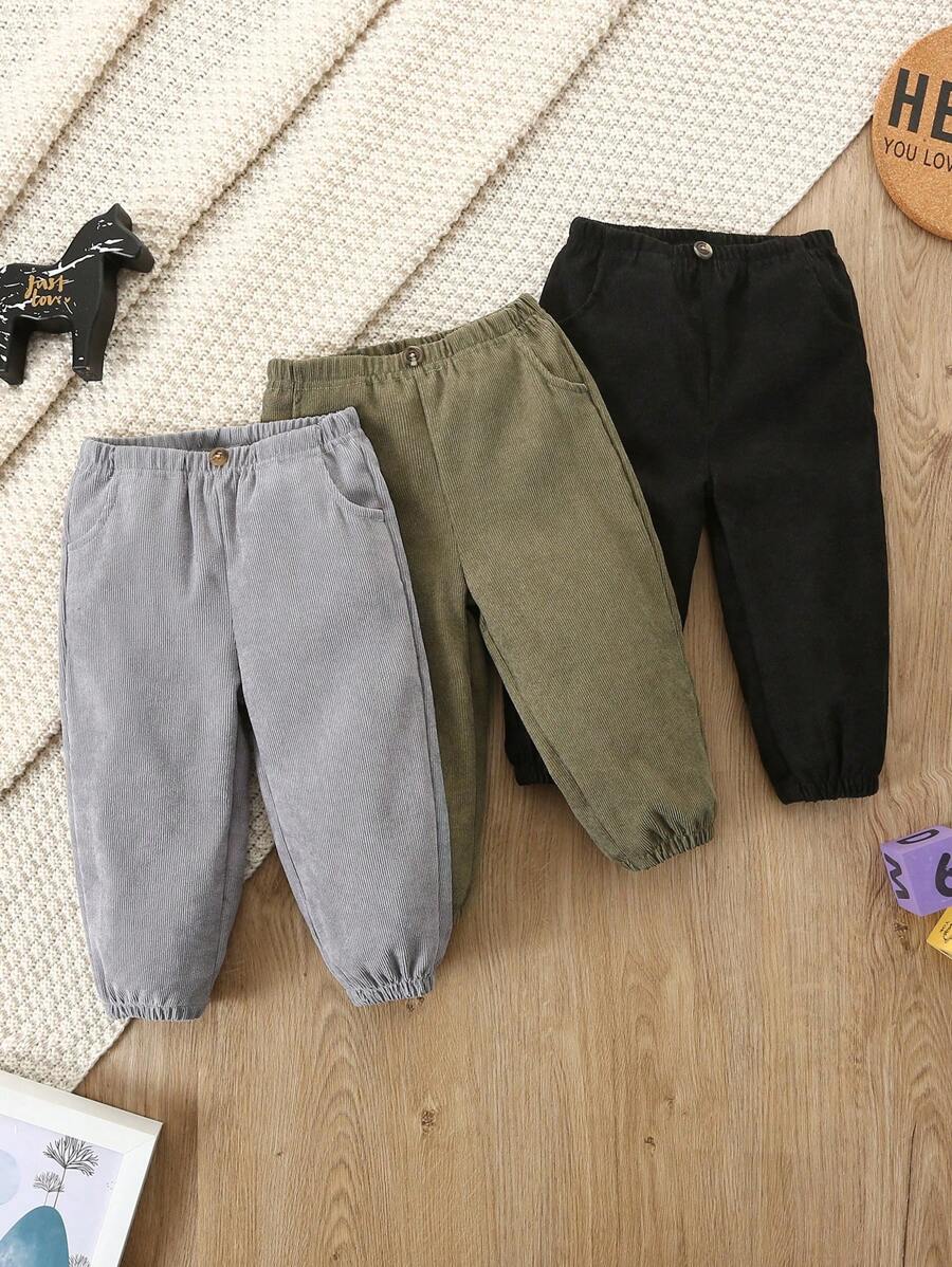 SHEIN Vintaside Kids 男婴三件套灯芯绒纽扣装饰休闲口袋裤套装,时尚秋冬款 - 彩色 - 查看 1