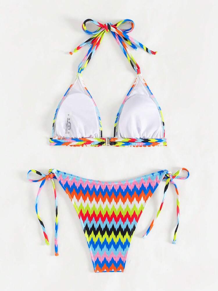 Zigzag Striped Pattern Knotted Side Bikini Set Summer