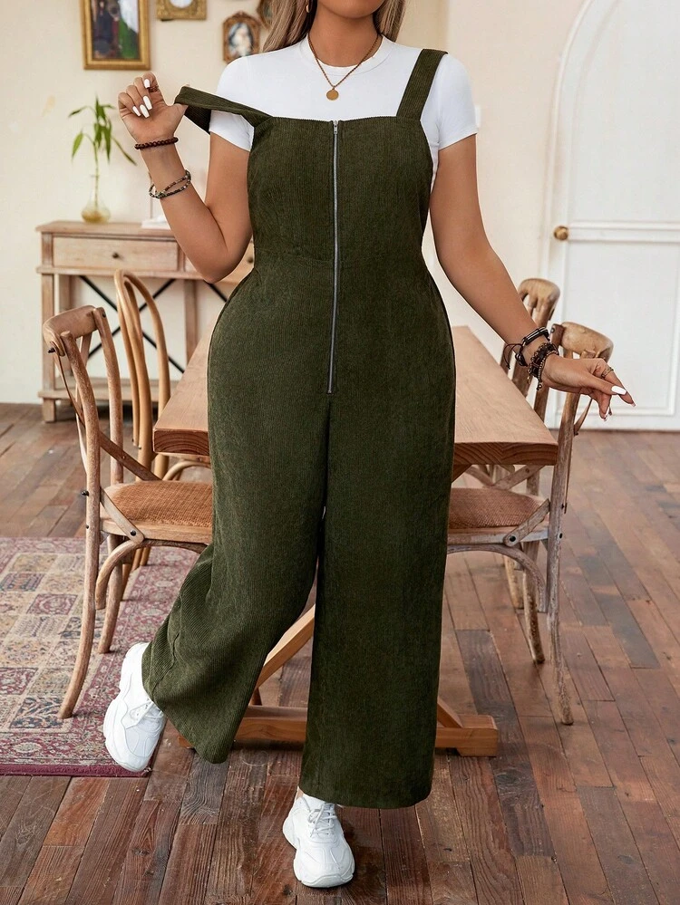 Plus Size Front Zipper Overalls