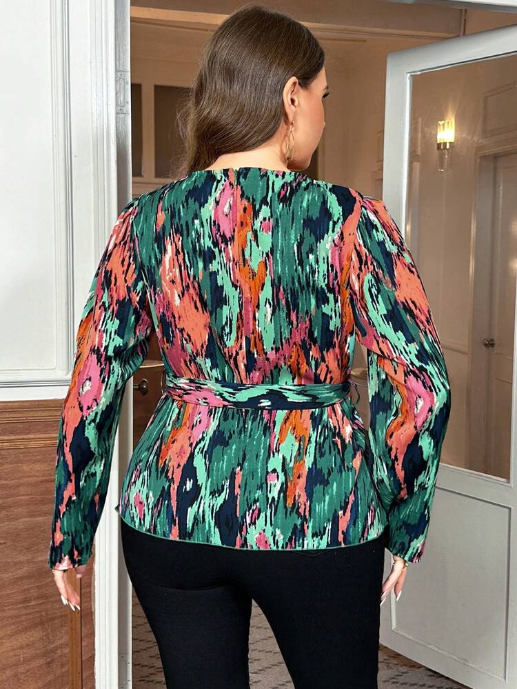 Plus Size Tie Dye Wrap Belted Shirt